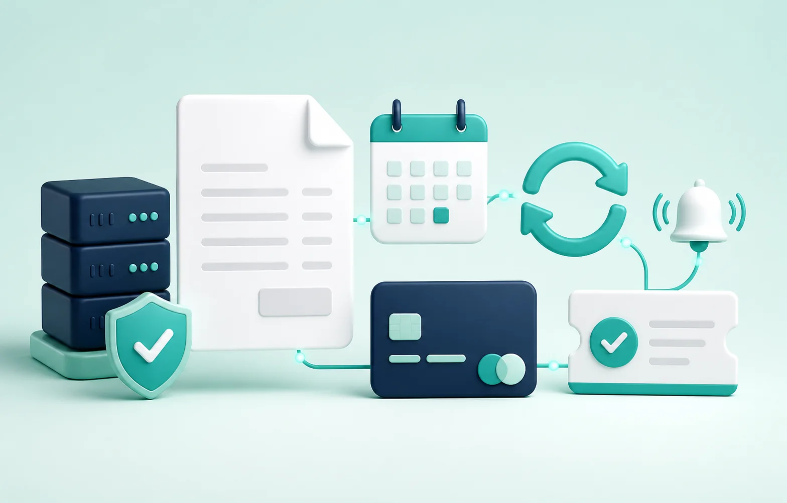 Hosting invoice, renewal calendar, payment card, and support notification