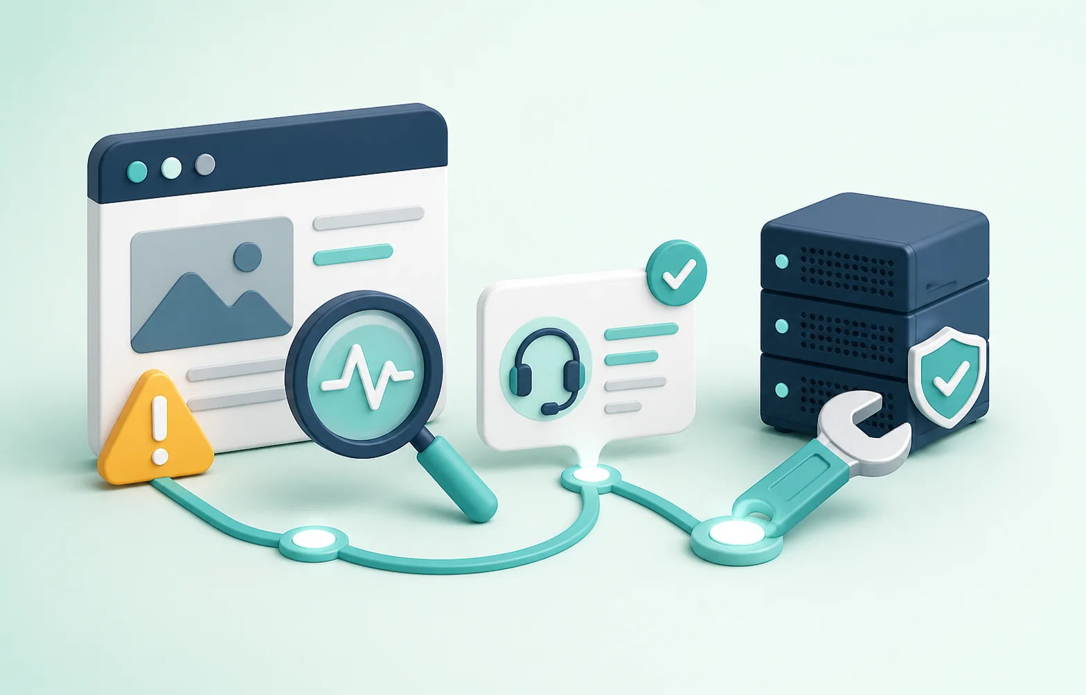 Website diagnostics, support ticket, and hosting repair tools