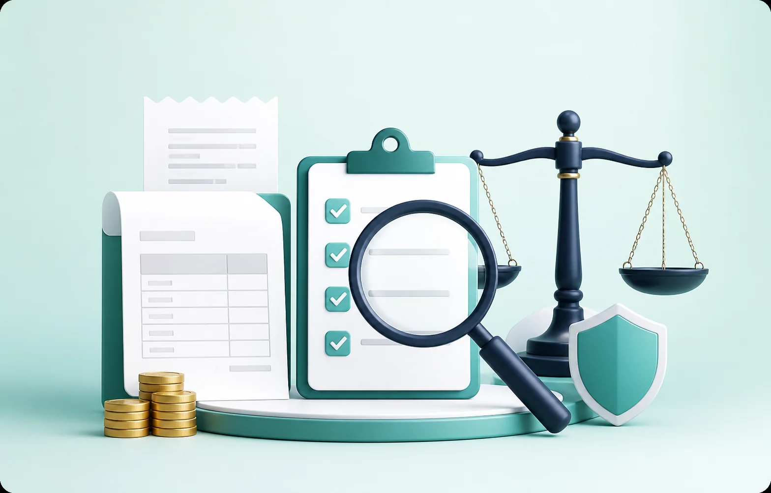 Service review with invoice, checklist, balance scale, and account credit