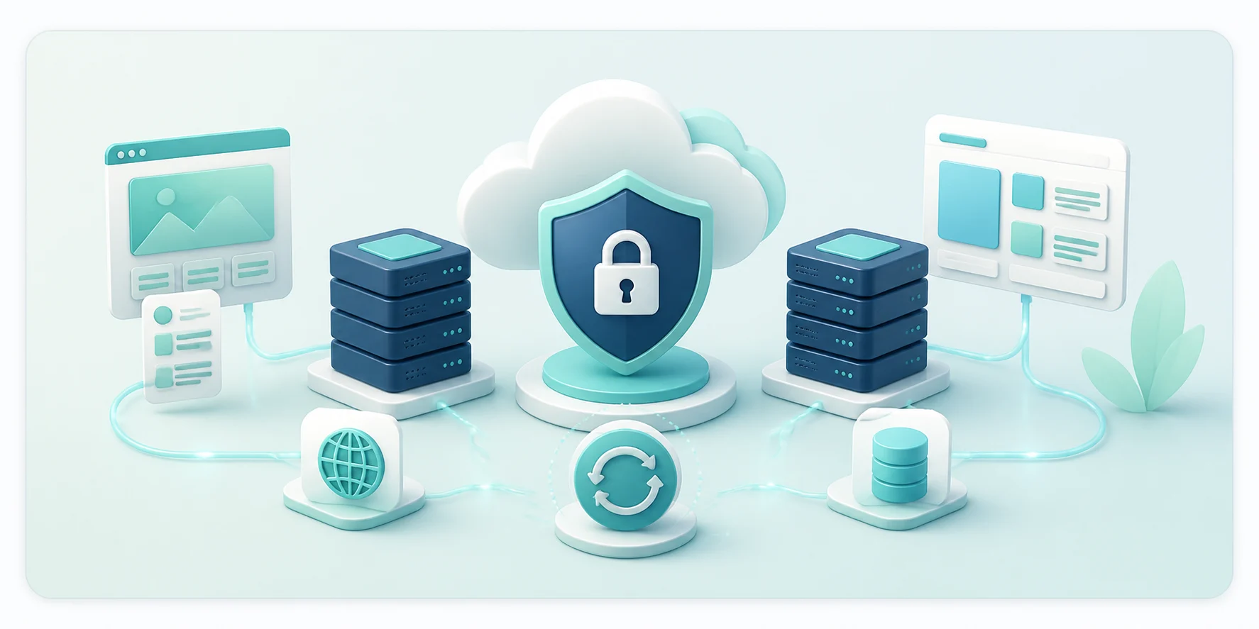 Secure managed hosting infrastructure with cloud protection, servers, backups, websites, and connected services